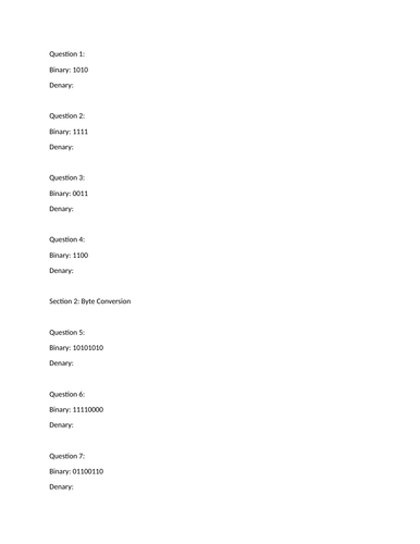 Converting Binary to denary lesson and worksheet