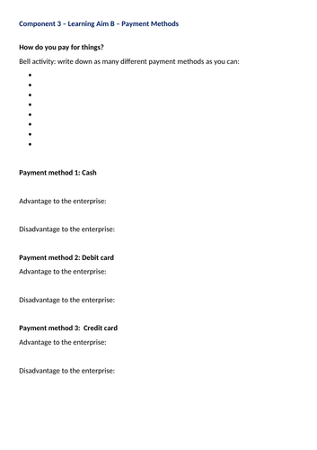 BTEC TECH Enterprise 2022 Component 3 Learning Aim B Lesson 2 Payment methods