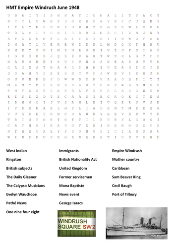 Empire Windrush Word Search