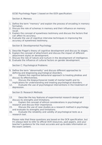 Chat  GPT AI - GCSE Psychology Paper 1 based on the OCR specification