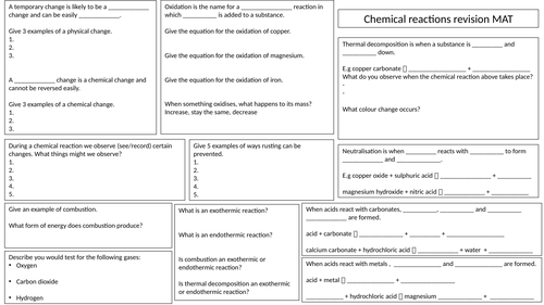 Chemical Reactions MAT with answers (4 pages in total)