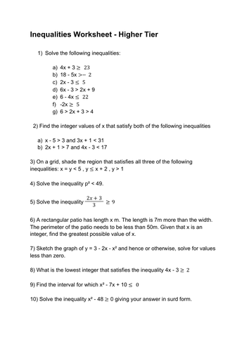 Inequalities Worksheet - Higher Tier