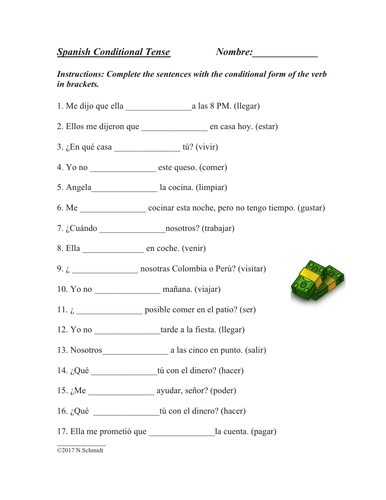 Spanish Conditional Tense Worksheet - El condicional (Regular + Irregular Verbs)