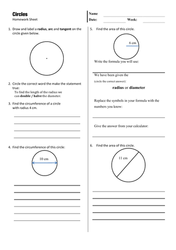 Circle - Parts Radius Diameter Circumference & Area Homework Sheet
