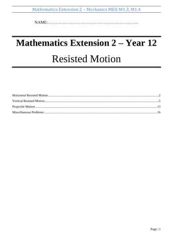 Resisted Motion Booklet for Mathematics Extension 2