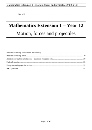 Motion, Forces & Projectiles - Booklet - Mathematics Extension 1