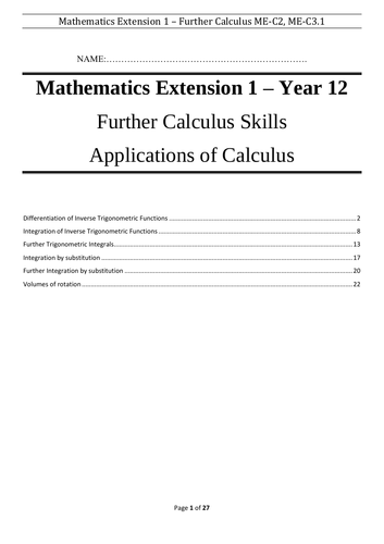 Further Calculus & Applications of Calculus - Booklet - Mathematics Extension 1
