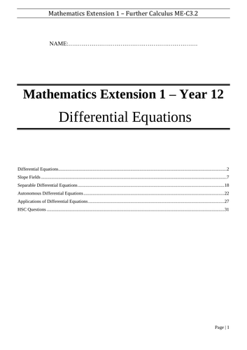 Differential Equations - Booklet  - Mathematics Extension 1