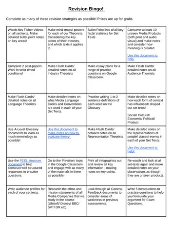 A-Level. Eduqas Media Studies - Revision Bingo