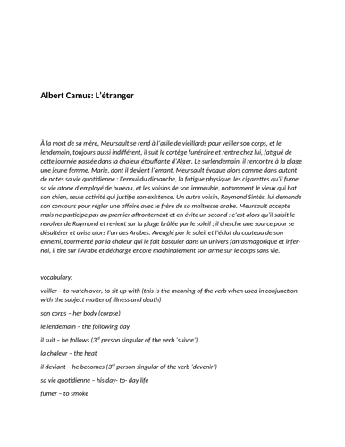 Albert Camus : L’étranger: Teaching Resource A LEVEL FRENCH - bank of essay questions