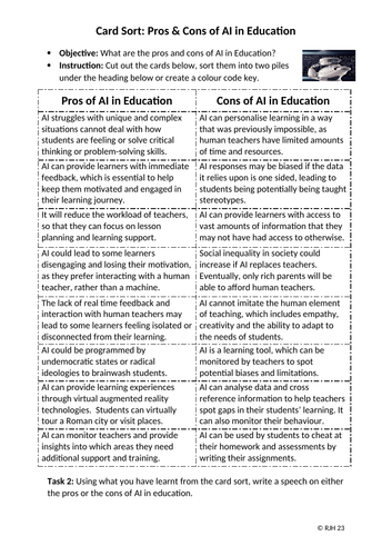Card Sort: What are the pros and cons of AI in education?