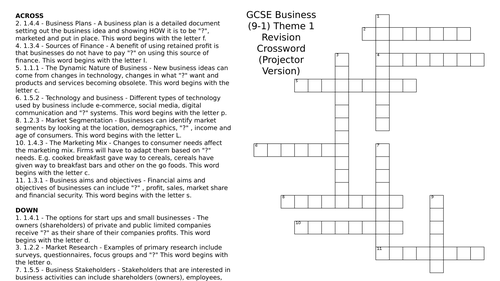 GCSE Business Studies - Pearson Edexcel - Revision Crosswords (Theme 1 and 2)