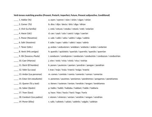 Verb tenses matching practice (Present, Preterit, Imperfect, Future, etc)