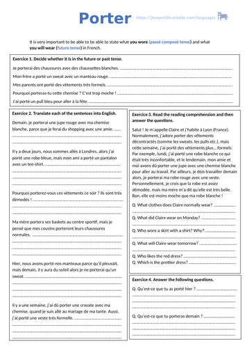 French Worksheet - Verb "Porter"