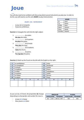French Worksheet - Instruments and Jouer