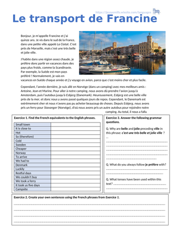 French Reading Comprehension - Holidays