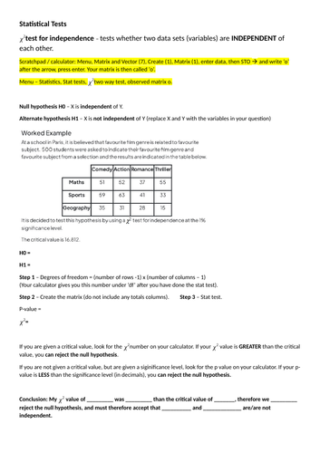 IB AISL Maths Statistical testing summary