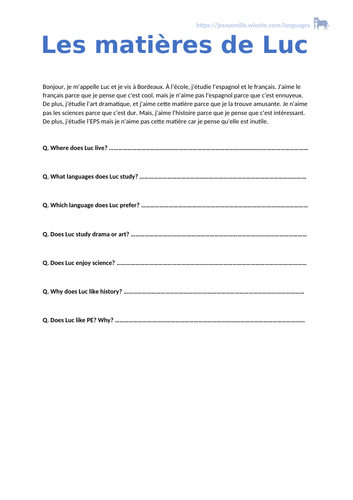 French Reading Comprehension - School Subjects