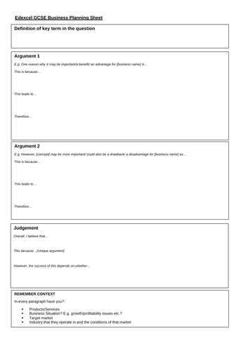 Edexcel GCSE Business 12 Mark Question Planning Sheet