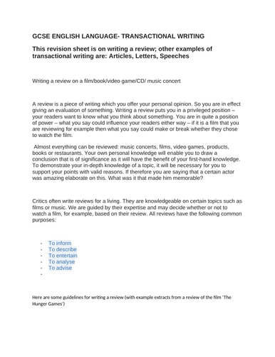 English Language Revision Directed Writing Guidance on writing a review