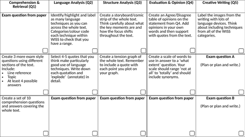 AQA Language Paper 1 Generic Activity Grid