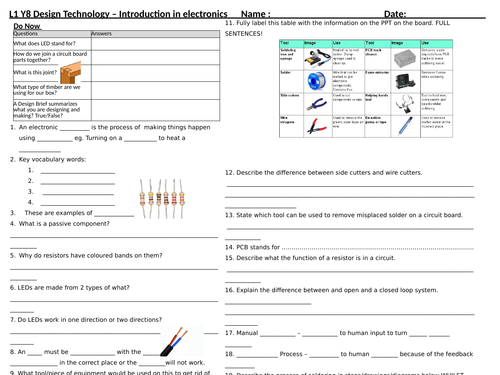 KS3 DT Design Technology - Introduction to electronics and Inputs and Outputs -Cover Lesson + DO NOW