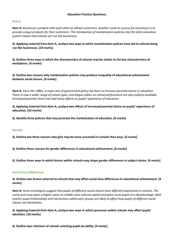 AQA AS/L Sociology - Education Practice Questions