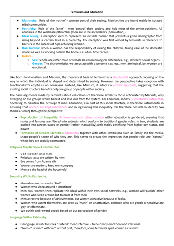 AQA A-Level Sociology - Feminism and Education Study Notes