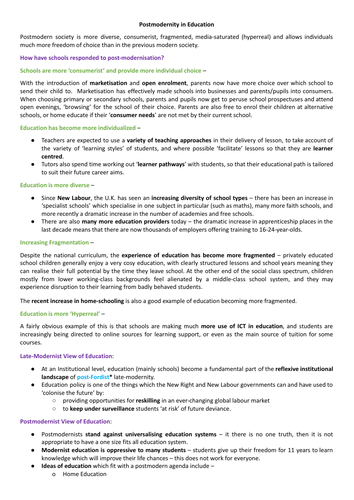 AQA A-Level Sociology - Postmodernism in Education Study Notes