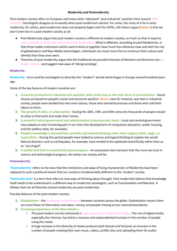 AQA A-Level Sociology - Modernity and Postmodernity Study Notes