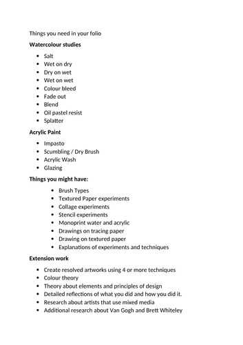 Experimental folio of work checklist