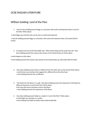 Teaching Resource 'Lord of the Flies' - a bank of exam questions GCSE ENGLISH LITERATURE