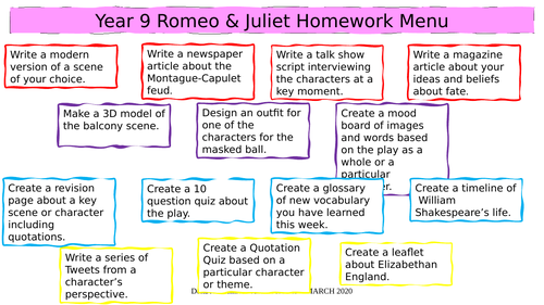 Romeo and Juliet Homework Menu
