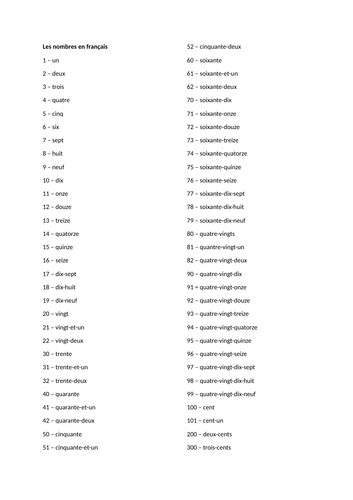 French numbers list 1-100