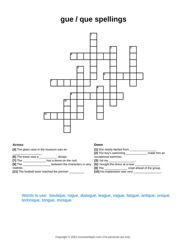 que / gue Crossword spellings Year 4