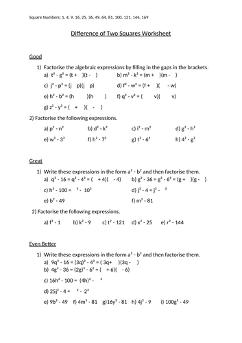 Scaffolded Difference of Squares Factorising Worksheet