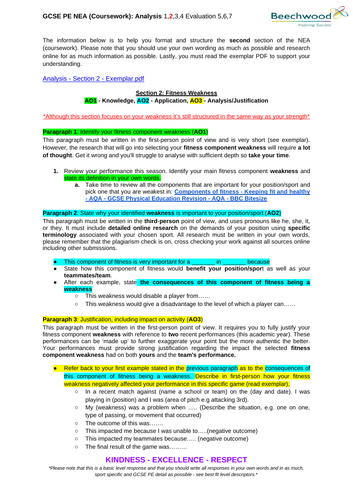 AQA GCSE PE NEA Coursework Guide - Analysis Section 2 (Fitness Weakness)