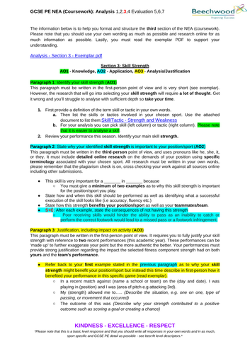 AQA GCSE PE NEA Coursework Guide Analysis Section 3 Skill Strength 