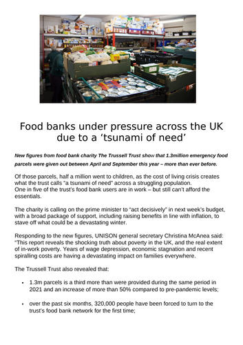 Non-fiction food banks worksheet with reading and writing tasks KS3/KS4