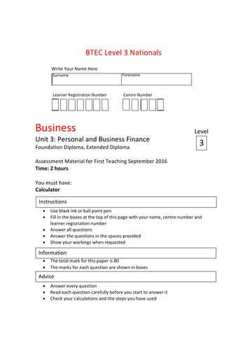 BTEC Business Unit 3 Level 3 - Practice Paper 90 Marks