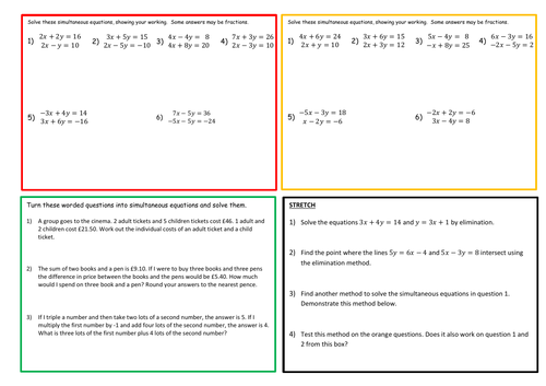Simultaneous Equations (Elimination Method) Worksheets