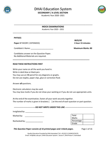 IGCSE  physics 0625 mock examinations