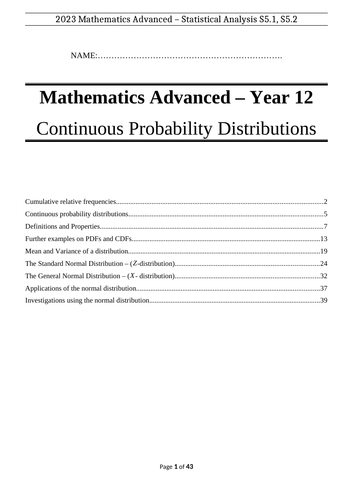 Continuous Probability Distributions Revision Booklet - HSC Mathematics Advanced