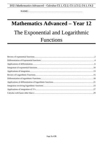 Exponential & Logarithmic Functions Revision Booklet - HSC Mathematics Advanced