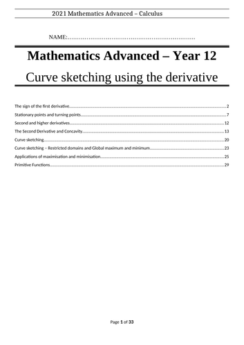Curve Sketching w. Derivatives Revision Book - Year 12 HSC Mathematics Advanced