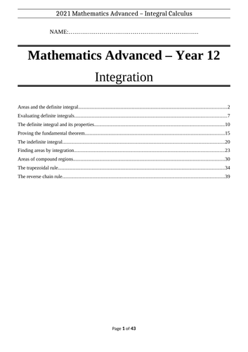 Integration Revision Booklet - Year 12 HSC Mathematics Advanced