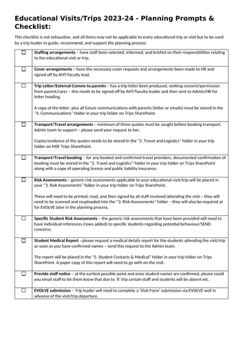 Educational Visits - Planning Checklist: