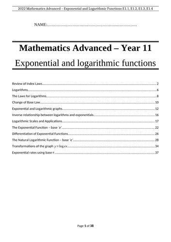 Mathematics Advanced Exponential & Logarithms Booklet - Year 11 - Preliminary