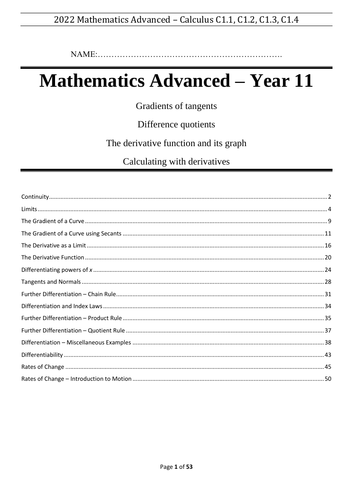 Mathematics Advanced Calculus Booklet - Year 11 - Preliminary