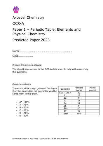 2023 OCR A Chemistry A Level Predicted Paper 1